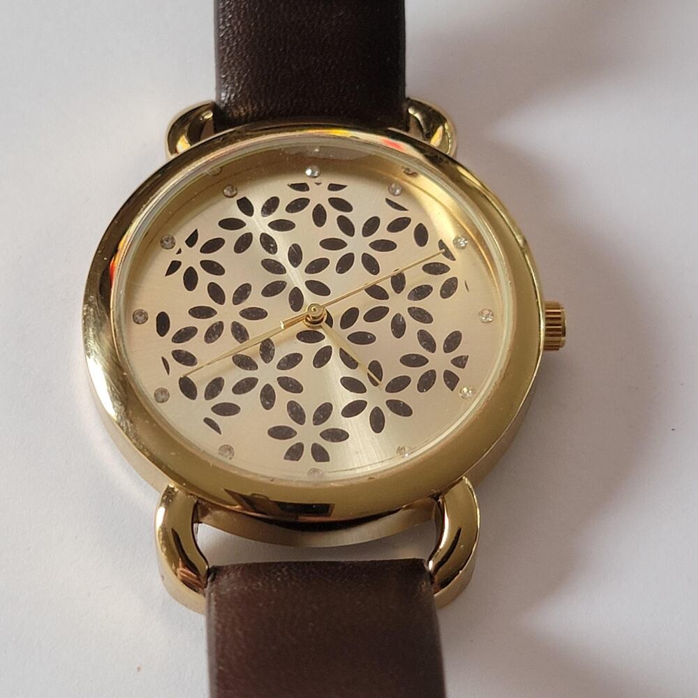 Accutime Womens Analog Watch Gold Tone Floral Dial Brown Strap Quartz WMS3F27